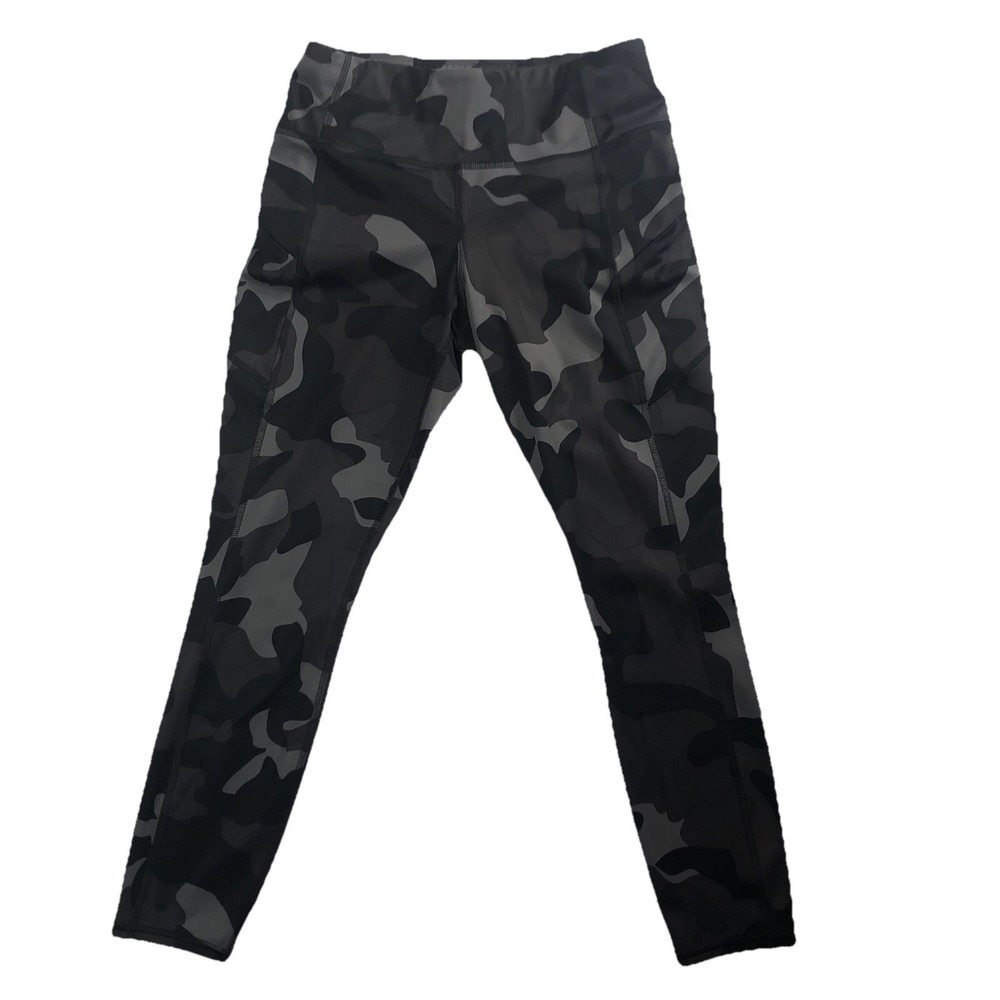 Athleta women's Black Gray Camo Print Leggings Side Zipper Pockets Small